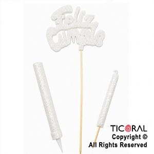 ADORNO DE TORTA SET FELIZ CUMPLE CON BENGALA Y VELA 9 CM GIBRE BLANCO x 1